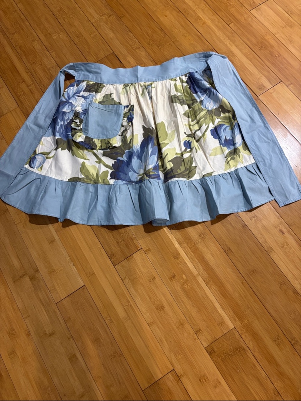 Vintage Light Blue and  Floral Ruffle Apron with Pocket